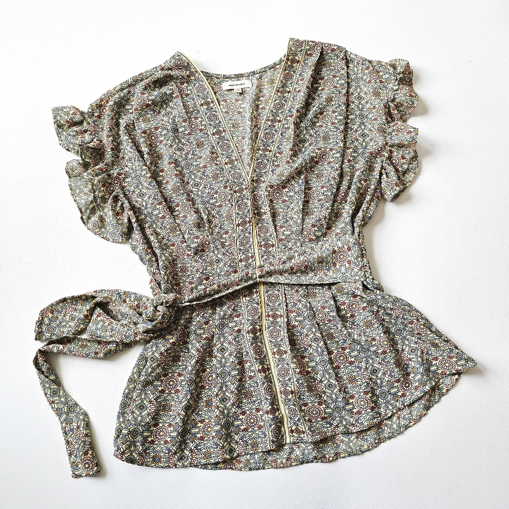 Max Studio Floral Wrap Blouse Boho Top Ruffle Sleeve Peplum Tie Waist – Size M
